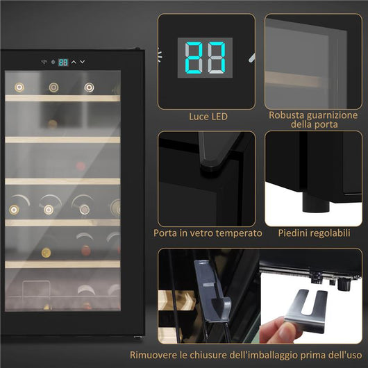 CANTINETTA VINO FRIGO PER 24 BOTTIGLIE CAPACITÀ 65L CONTROLLO TEMPERATURA E RIPIANI ESTRAIBILI NERO 43X45X75 CM