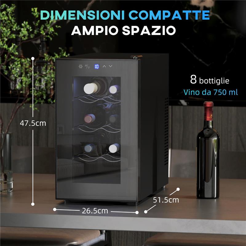 CANTINETTA VINO REFRIGERATA PER 8 BOTTIGLIE CAPACITÀ 21L DISPLAY TOUCH E RIPIANI REGOLABILI NERO 51.5X26.5X47.5 CM