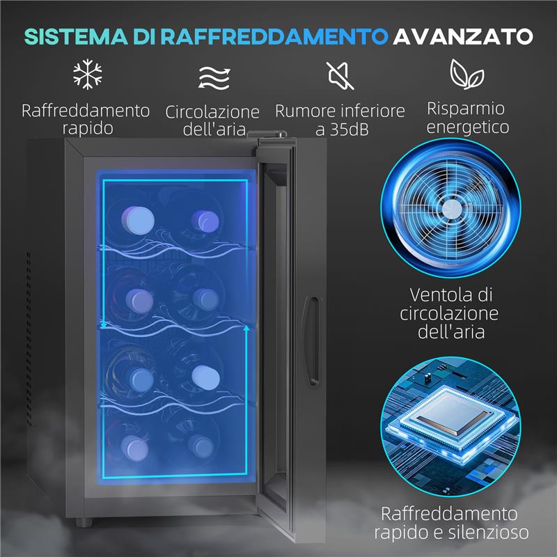 CANTINETTA VINO REFRIGERATA PER 8 BOTTIGLIE CAPACITÀ 21L DISPLAY TOUCH E RIPIANI REGOLABILI NERO 51.5X26.5X47.5 CM