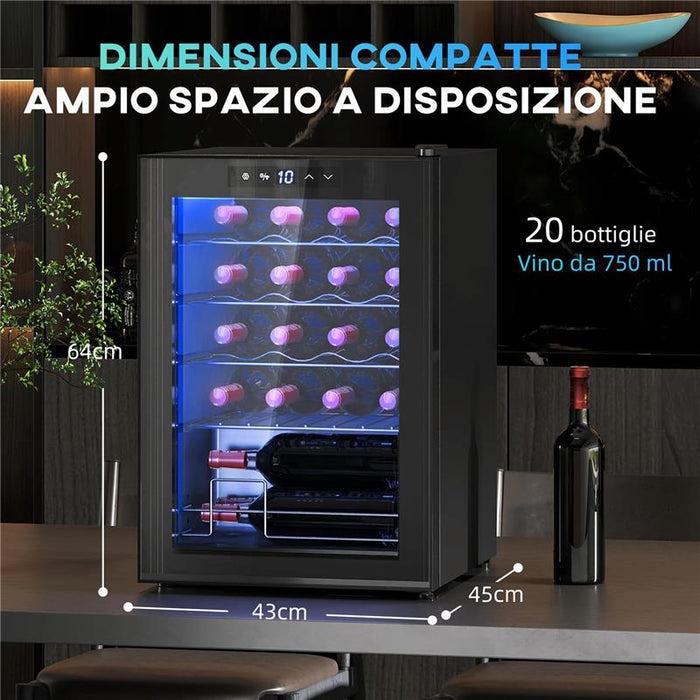 CANTINETTA VINO REFRIGERATA PER 20 BOTTIGLIE, CAPACITÀ 53L PORTA IN VETRO ANTI-UV E RIPIANI REGOLABILI NERO 43X48X64 CM
