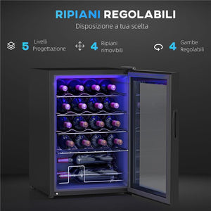 CANTINETTA VINO REFRIGERATA PER 20 BOTTIGLIE, CAPACITÀ 53L PORTA IN VETRO ANTI-UV E RIPIANI REGOLABILI NERO 43X48X64 CM