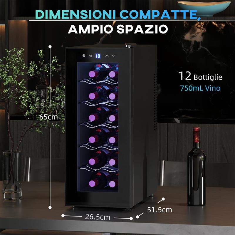 CANTINETTA FRIGORIFERO PER 12 BOTTIGLIE CON DOPPIO CONTROLLO TEMPERATURA RIPIANI REGOLABILI E LUCI NERO 51.5X26.5X65 CM