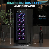 CANTINETTA FRIGORIFERO PER 12 BOTTIGLIE CON DOPPIO CONTROLLO TEMPERATURA RIPIANI REGOLABILI E LUCI NERO 51.5X26.5X65 CM