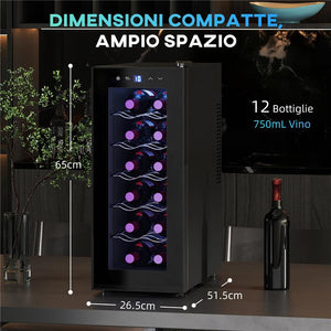 CANTINETTA FRIGORIFERO PER 12 BOTTIGLIE CON DOPPIO CONTROLLO TEMPERATURA RIPIANI REGOLABILI E LUCI NERO 51.5X26.5X65 CM