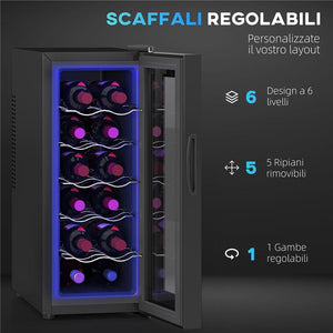 CANTINETTA FRIGORIFERO PER 12 BOTTIGLIE CON DOPPIO CONTROLLO TEMPERATURA RIPIANI REGOLABILI E LUCI NERO 51.5X26.5X65 CM