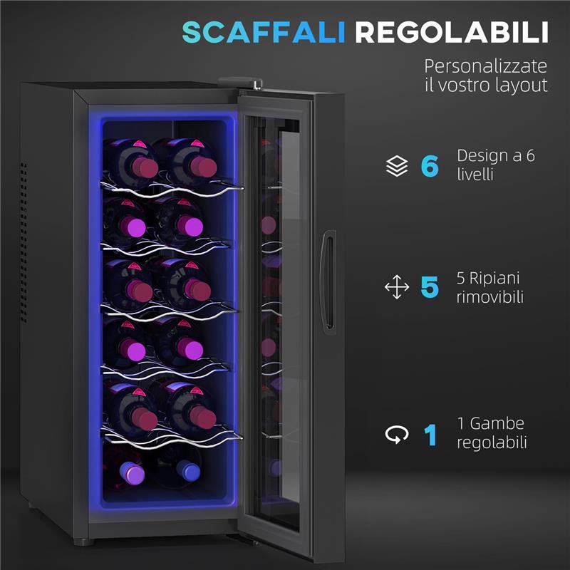 CANTINETTA FRIGORIFERO PER 12 BOTTIGLIE CON DOPPIO CONTROLLO TEMPERATURA RIPIANI REGOLABILI E LUCI NERO 51.5X26.5X65 CM