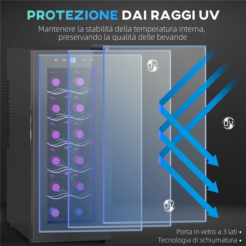 CANTINETTA FRIGORIFERO PER 12 BOTTIGLIE CON DOPPIO CONTROLLO TEMPERATURA RIPIANI REGOLABILI E LUCI NERO 51.5X26.5X65 CM