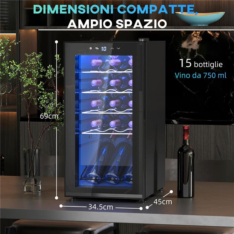 CANTINETTA VINO FRIGO PER 15 BOTTIGLIE CAPACITÀ 44L CON CONTROLLO TEMPERATURA E RIPIANI REGOLABILI NERO 45X34.5X69 CM