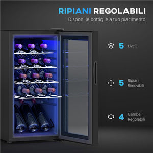 CANTINETTA VINO FRIGO PER 15 BOTTIGLIE CAPACITÀ 44L CON CONTROLLO TEMPERATURA E RIPIANI REGOLABILI NERO 45X34.5X69 CM