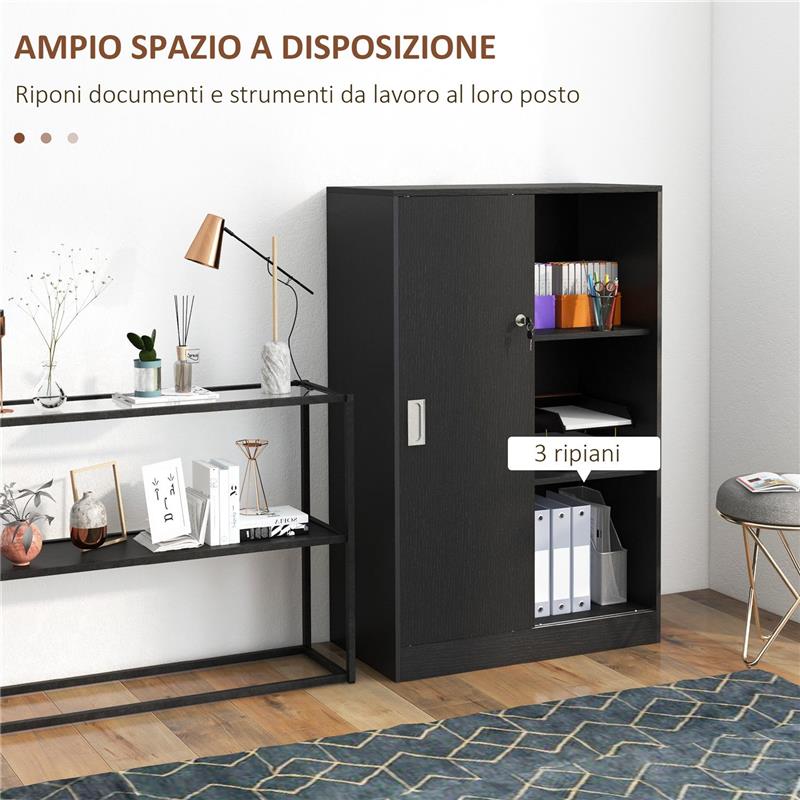 ARMADIETTO DA UFFICIO A 3 RIPIANI CON 2 CHIAVI DI SICUREZZA E ANTE SCORREVOLI 80X40X120 CM NERO