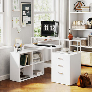 SCRIVANIA UFFICIO CON 2 TAVOLI 4 RIPIANI 3 CASSETTI E SUPPORTO PER MONITOR IN LEGNO 138.5X90X92 CM BIANCO