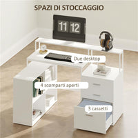 SCRIVANIA UFFICIO CON 2 TAVOLI 4 RIPIANI 3 CASSETTI E SUPPORTO PER MONITOR IN LEGNO 138.5X90X92 CM BIANCO