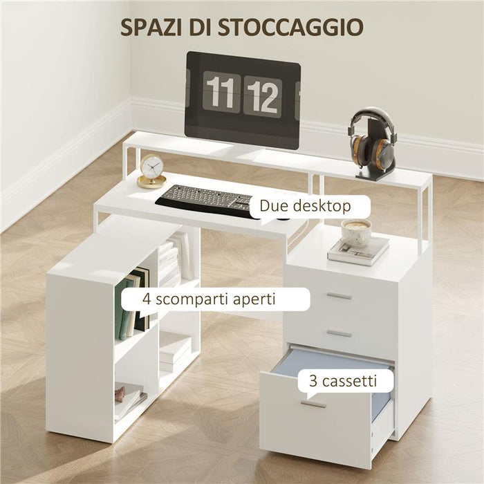 SCRIVANIA UFFICIO CON 2 TAVOLI 4 RIPIANI 3 CASSETTI E SUPPORTO PER MONITOR IN LEGNO 138.5X90X92 CM BIANCO