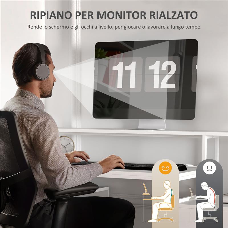 SCRIVANIA UFFICIO CON 2 TAVOLI 4 RIPIANI 3 CASSETTI E SUPPORTO PER MONITOR IN LEGNO 138.5X90X92 CM BIANCO