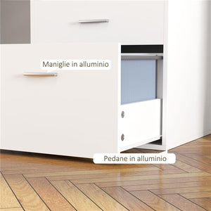 SCRIVANIA UFFICIO CON 2 TAVOLI 4 RIPIANI 3 CASSETTI E SUPPORTO PER MONITOR IN LEGNO 138.5X90X92 CM BIANCO
