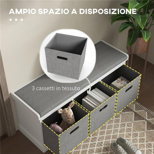 PANCA SCARPIERA IN LEGNO CON 3 CASSETTI E SEDUTA IN TESSUTO PER 3 PAIA DI SCARPE 105X35X47 CM BIANCO