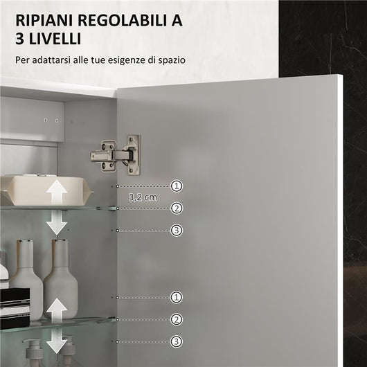 ARMADIETTO BAGNO DA PARETE IN LEGNO CON 3 RIPIANI REGOLABILI IN VETRO SU 3 LIVELLI 40X15X55 CM BIANCO
