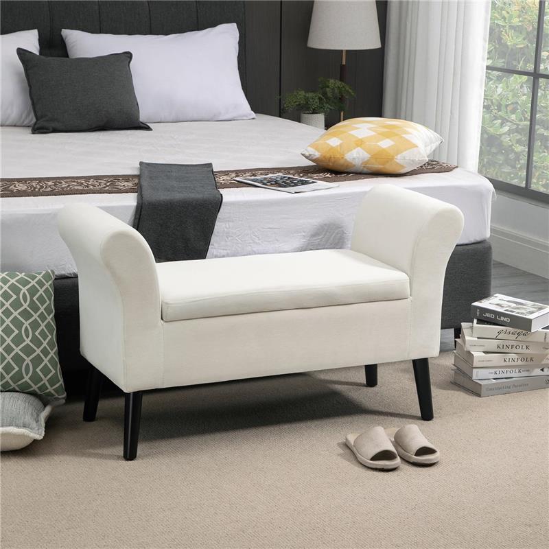 PANCA CONTENITORE CON BRACCIOLI IN TESSUTO EFFETTO VELLUTO E LEGNO 111.5X41X65 CM BIANCO CREMA