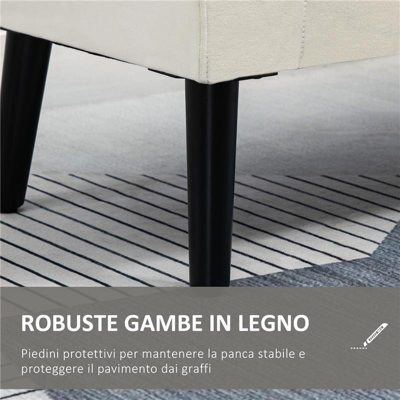 PANCA CONTENITORE CON BRACCIOLI IN TESSUTO EFFETTO VELLUTO E LEGNO 111.5X41X65 CM BIANCO CREMA