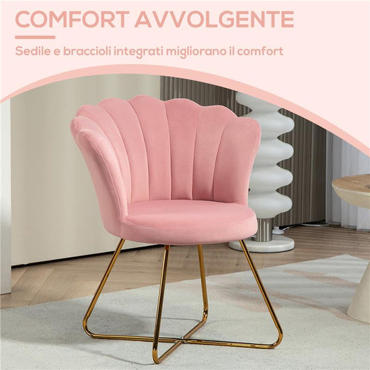 SEDIA MODERNA ERGONOMICA CON SCHIENALE A PETALO VELLUTATO ROSA E GAMBE INCROCIATE ORO 69X64X80 CM