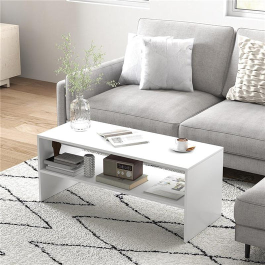 TAVOLINO DA CAFFÞ MODERNO IN LEGNO A 2 LIVELLI CON RIPIANO APERTO, 100X40X41.5 CM, BIANCO