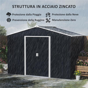 CASETTA PORTA ATTREZZI IN ACCIAIO CON TETTO INCLINATO E 2 PORTE SCORREVOLI 277X195X192 CM GRIGIO SCURO