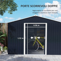 CASETTA PORTA ATTREZZI IN ACCIAIO CON TETTO INCLINATO E 2 PORTE SCORREVOLI 277X195X192 CM GRIGIO SCURO