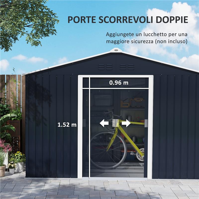 CASETTA PORTA ATTREZZI IN ACCIAIO CON TETTO INCLINATO E 2 PORTE SCORREVOLI 277X195X192 CM GRIGIO SCURO