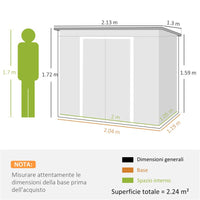 CAPANNO ATTREZZI CON TETTO INCLINATO 2 INGRESSI E PRESE D'ARIA IN ACCIAIO ZINCATO 213X130X172 CM GRIGIO