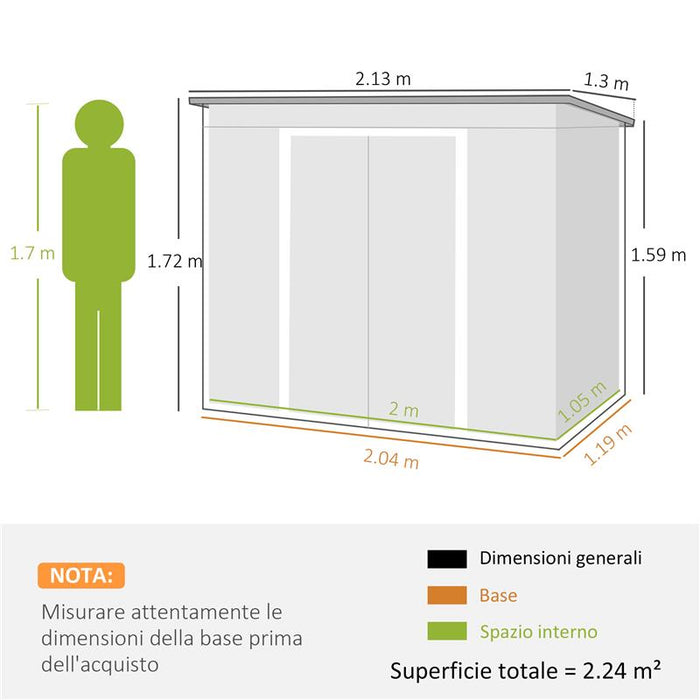 CAPANNO ATTREZZI CON TETTO INCLINATO 2 INGRESSI E PRESE D'ARIA IN ACCIAIO ZINCATO 213X130X172 CM GRIGIO