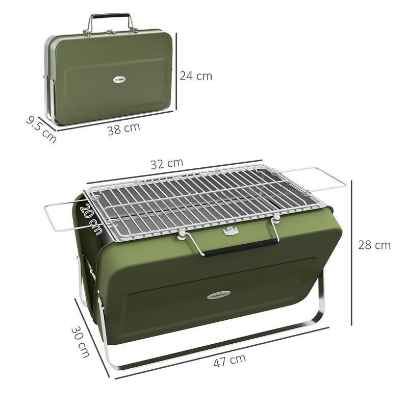 BARBECUE A CARBONELLA PORTATILE E PIEGHEVOLE A VALIGETTA CON MANICO 47X30X28 CM VERDE