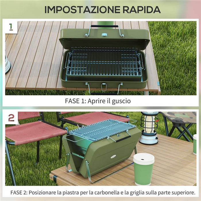 BARBECUE A CARBONELLA PORTATILE E PIEGHEVOLE A VALIGETTA CON MANICO 47X30X28 CM VERDE