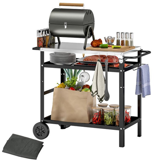CARRELLO PER BARBECUE CON PIANO IN ACCIAIO E RIPIANO REGOLABILE, RUOTE E GANCI 100X52X80 CM NERO
