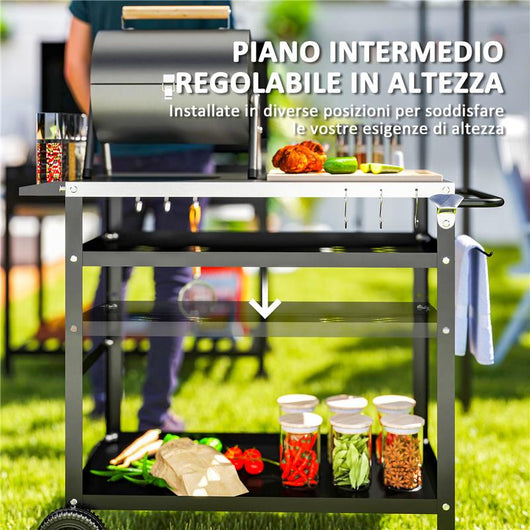 CARRELLO PER BARBECUE CON PIANO IN ACCIAIO E RIPIANO REGOLABILE, RUOTE E GANCI 100X52X80 CM NERO