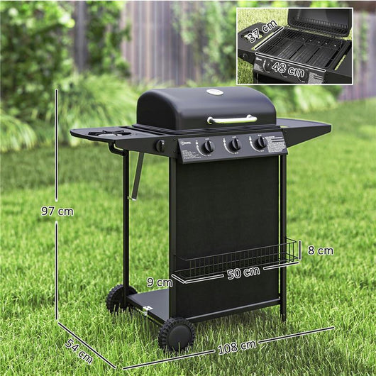 BARBECUE A GAS CON 4 BRUCIATORI INDIPENDENTI E COPERCHIO CON TERMOMETRO 108X54X97 CM NERO
