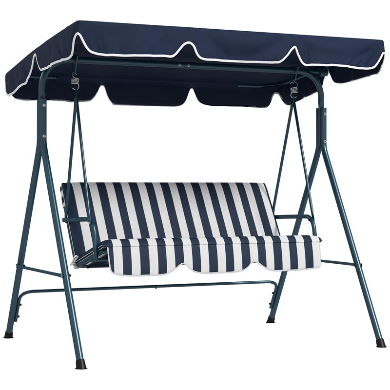 DONDOLO DA GIARDINO 3 POSTI CON TETTO PARASOLE IN ACCIAIO E POLIESTERE 172X110X153 CM BIANCO E BLU