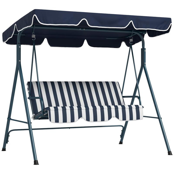 DONDOLO DA GIARDINO 3 POSTI CON TETTO PARASOLE IN ACCIAIO E POLIESTERE 172X110X153 CM BIANCO E BLU