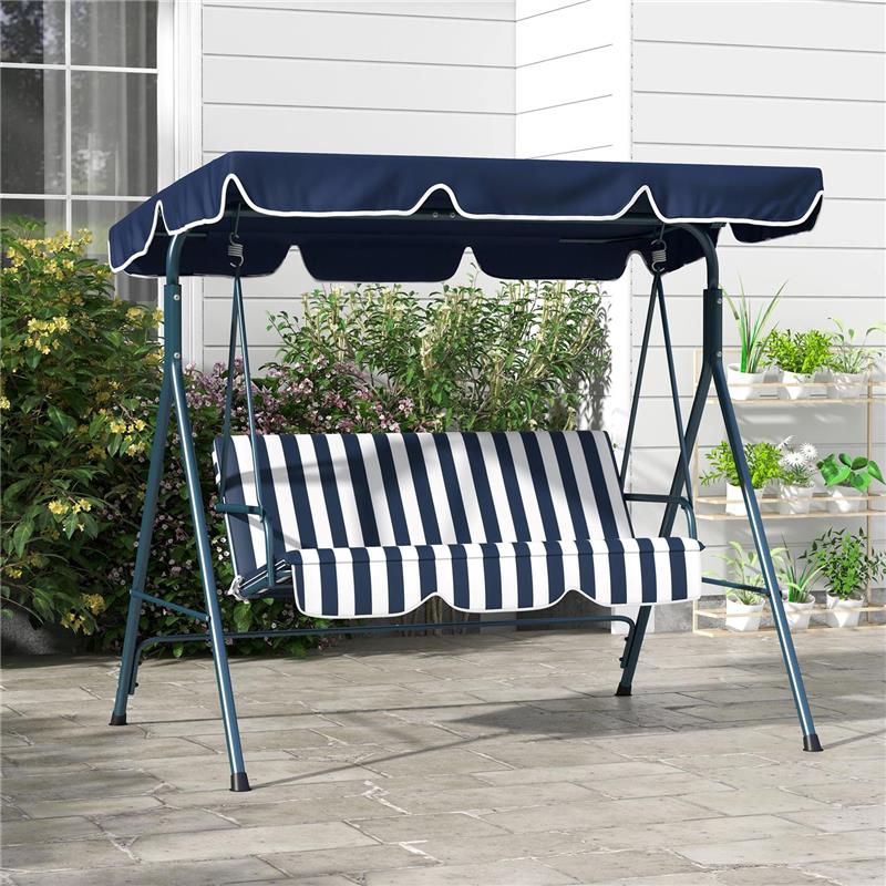 DONDOLO DA GIARDINO 3 POSTI CON TETTO PARASOLE IN ACCIAIO E POLIESTERE 172X110X153 CM BIANCO E BLU