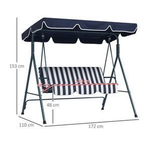 DONDOLO DA GIARDINO 3 POSTI CON TETTO PARASOLE IN ACCIAIO E POLIESTERE 172X110X153 CM BIANCO E BLU