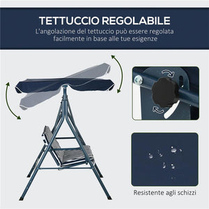 DONDOLO DA GIARDINO 3 POSTI CON TETTO PARASOLE IN ACCIAIO E POLIESTERE 172X110X153 CM BIANCO E BLU