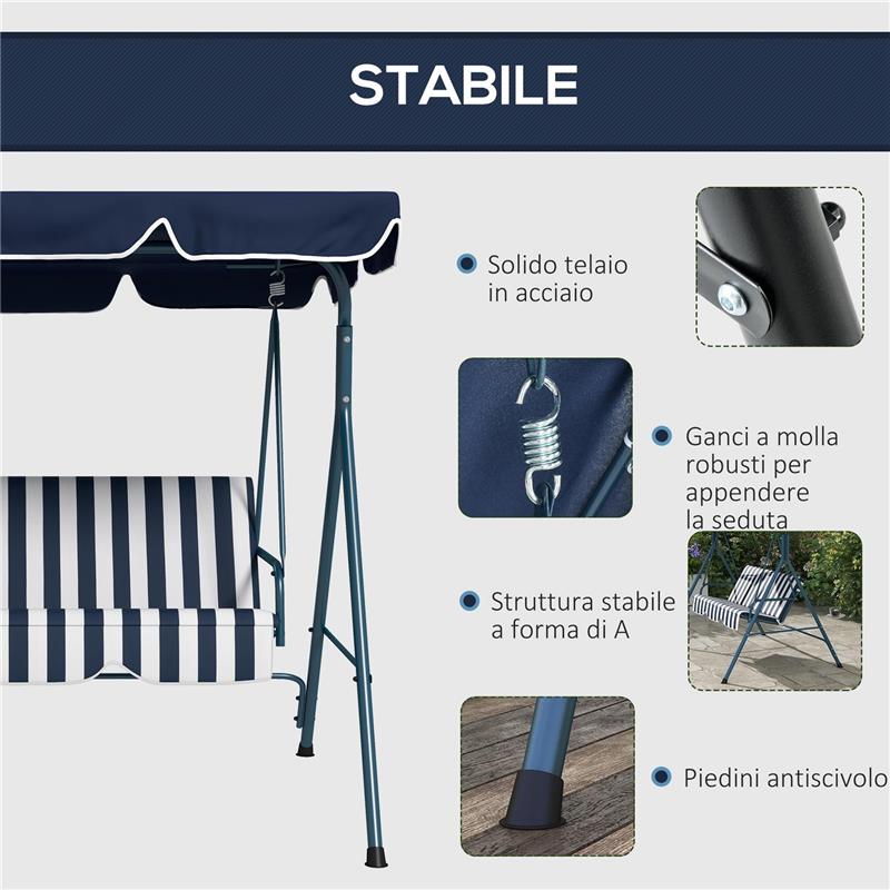 DONDOLO DA GIARDINO 3 POSTI CON TETTO PARASOLE IN ACCIAIO E POLIESTERE 172X110X153 CM BIANCO E BLU