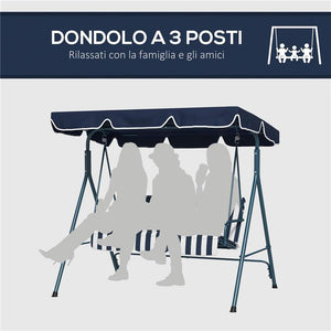 DONDOLO DA GIARDINO 3 POSTI CON TETTO PARASOLE IN ACCIAIO E POLIESTERE 172X110X153 CM BIANCO E BLU