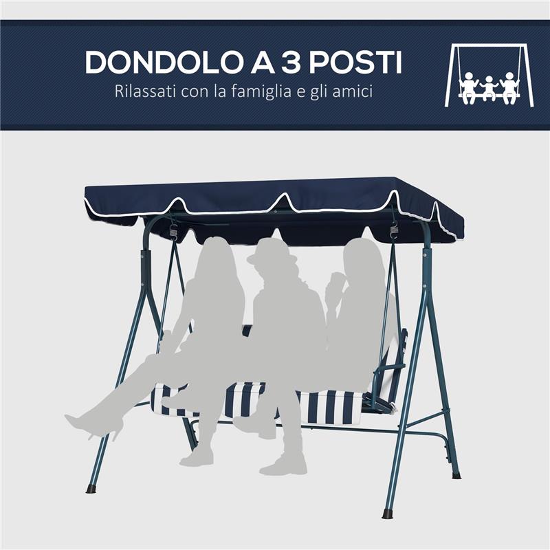 DONDOLO DA GIARDINO 3 POSTI CON TETTO PARASOLE IN ACCIAIO E POLIESTERE 172X110X153 CM BIANCO E BLU