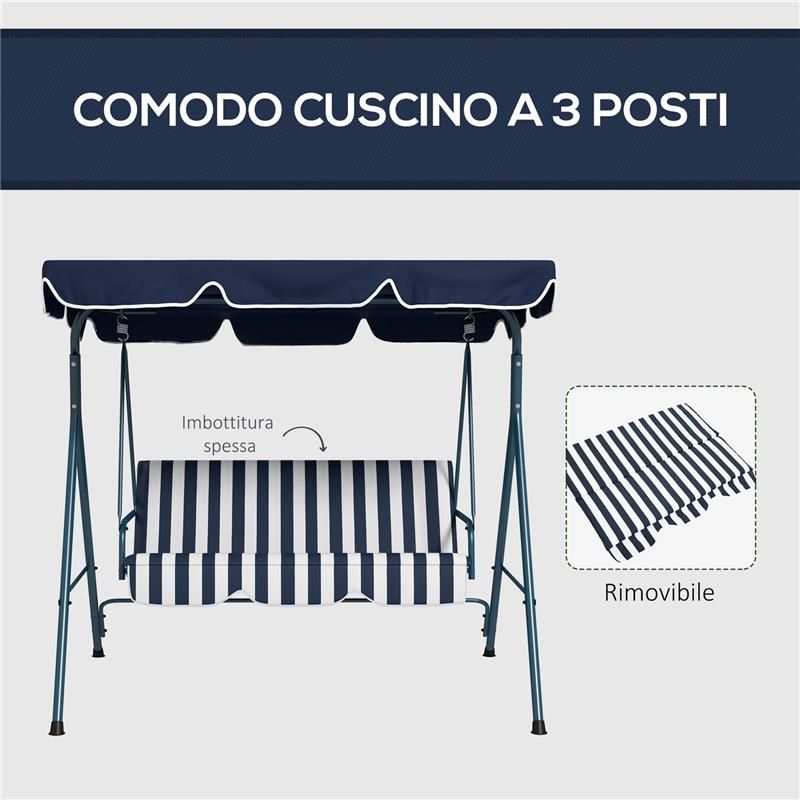 DONDOLO DA GIARDINO 3 POSTI CON TETTO PARASOLE IN ACCIAIO E POLIESTERE 172X110X153 CM BIANCO E BLU