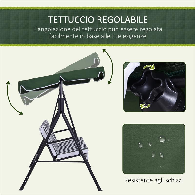 DONDOLO DA GIARDINO A 3 POSTI CON TETTUCCIO INCLINABILE E CUSCINI 172X110X153 CM VERDE