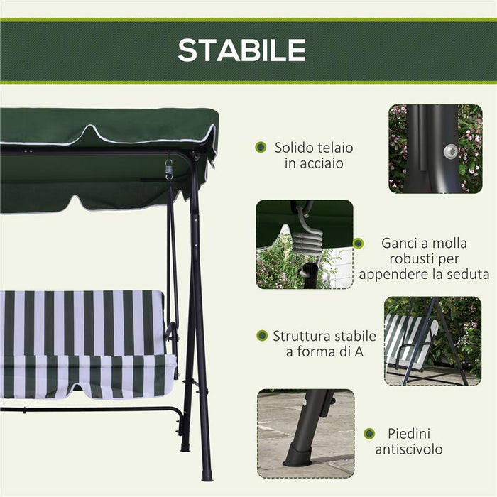 DONDOLO DA GIARDINO A 3 POSTI CON TETTUCCIO INCLINABILE E CUSCINI 172X110X153 CM VERDE