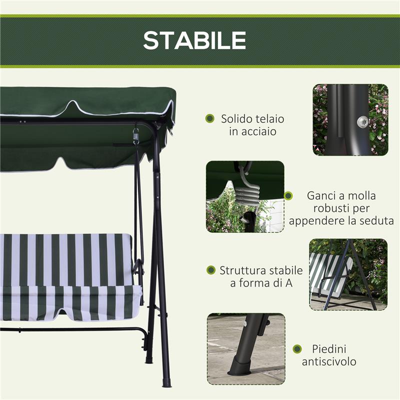DONDOLO DA GIARDINO A 3 POSTI CON TETTUCCIO INCLINABILE E CUSCINI 172X110X153 CM VERDE