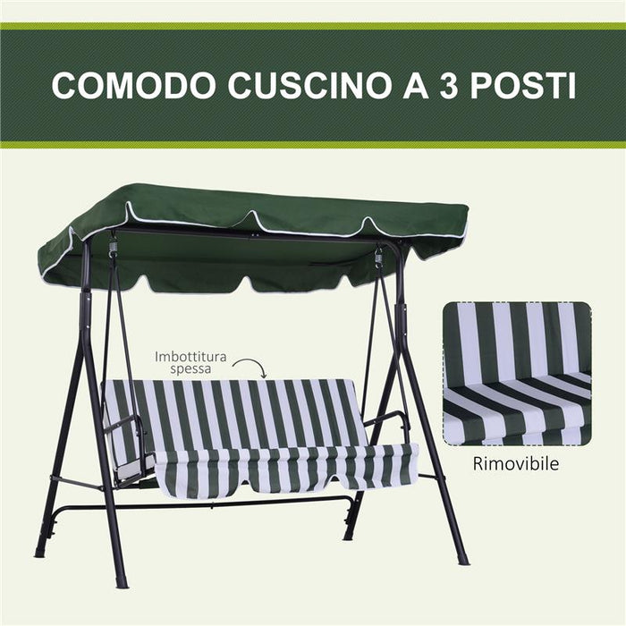 DONDOLO DA GIARDINO A 3 POSTI CON TETTUCCIO INCLINABILE E CUSCINI 172X110X153 CM VERDE