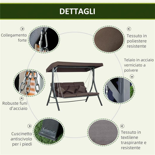 DONDOLO DA GIARDINO 3 POSTI CON CUSCINI SEDUTA CHAISE LONGUE E TETTUCCIO 198X118X168 CM MARRONE