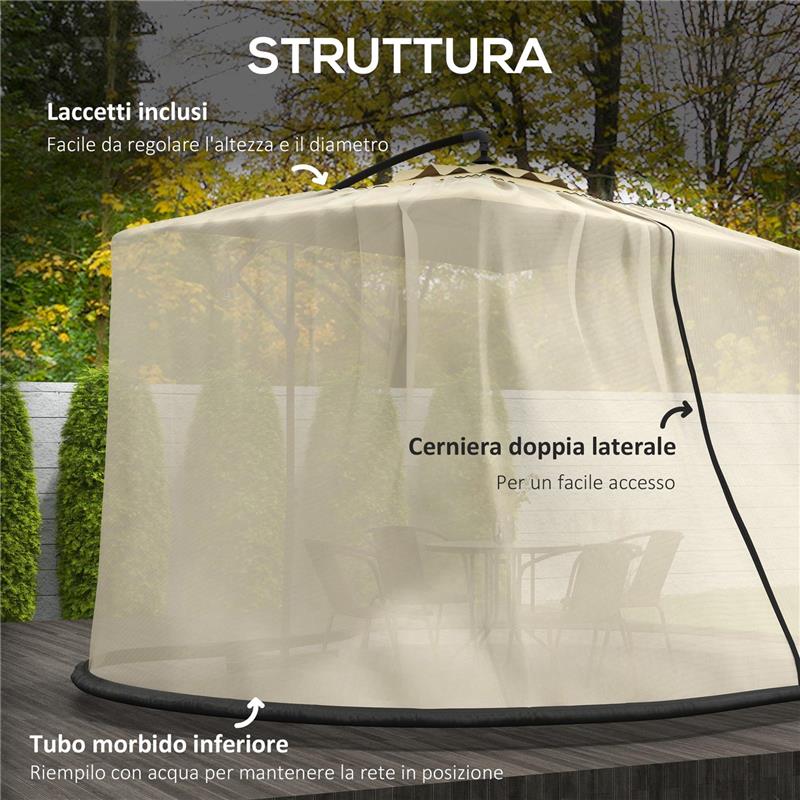 ZANZARIERA PER OMBRELLONE 3X2.3 M REGOLABILE A RETE FITTA CON APERTURA A CERNIERA, BEIGE